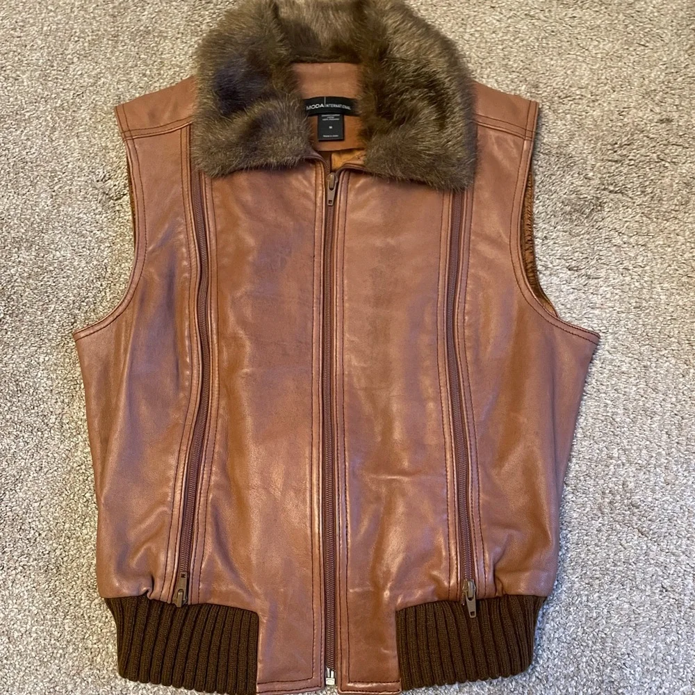 VTG Moda International Brown Leather Vest with Faux Fur Size M Aviator Bomber - Picture 2 of 13